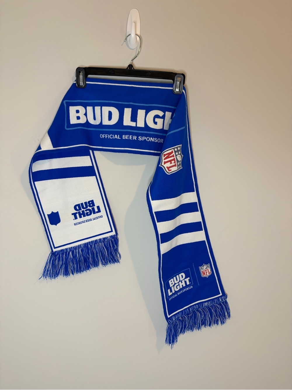 NFL Official Beer Sponsor Bud Light Blue and White Knit Fringe Fan Scarf